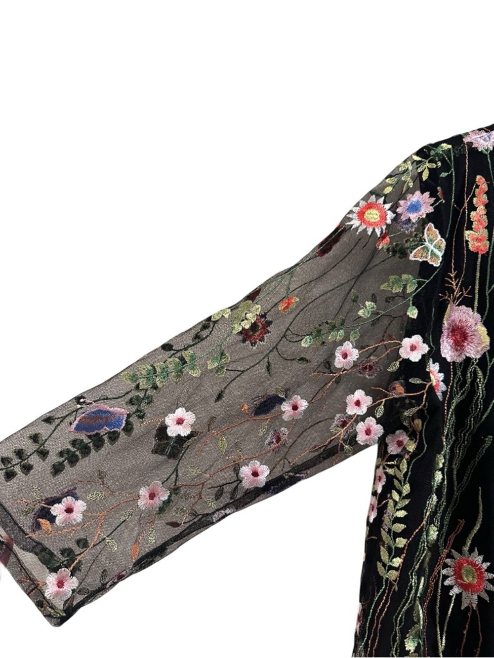 Caroline Rose Garden Walk Embroidered Tunic, sheer 3/4 sleeves black multi-color - Picture 7 of 16
